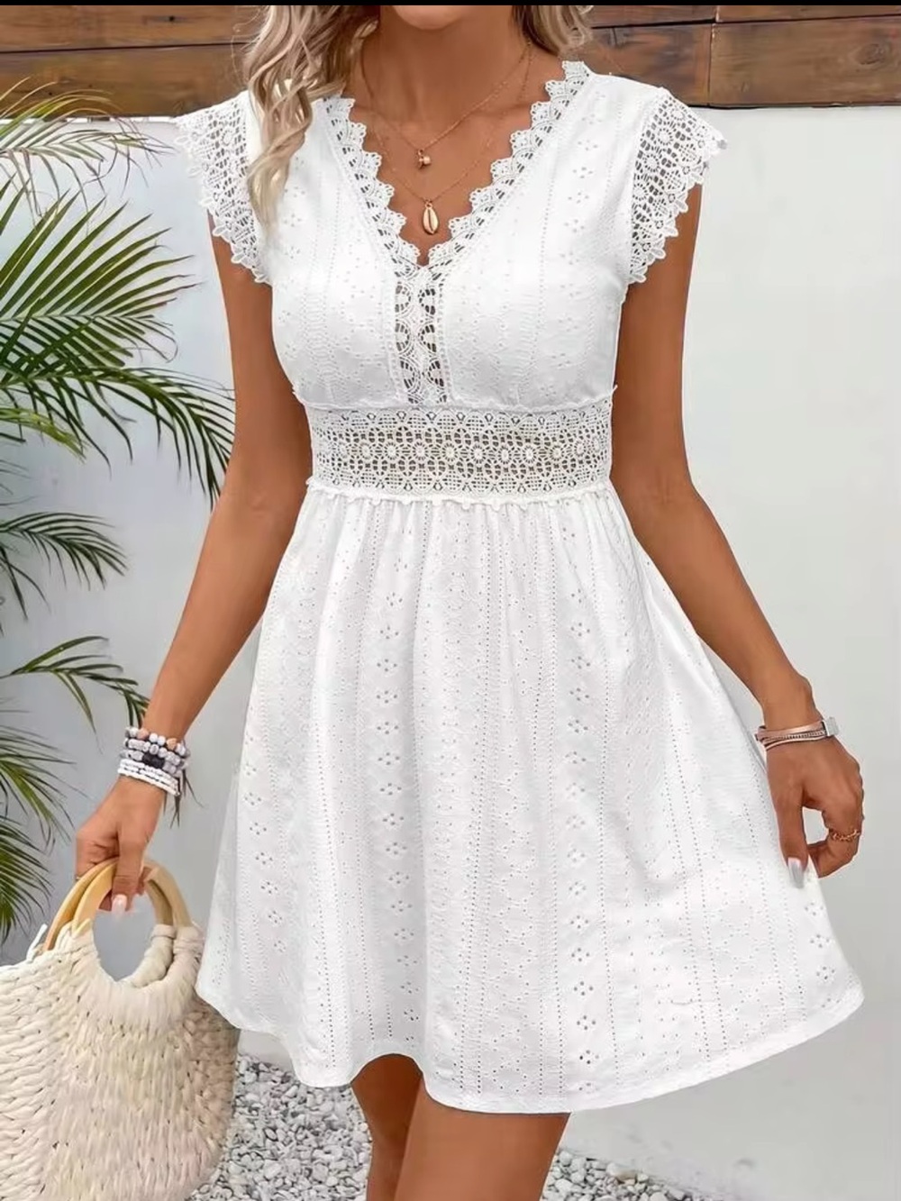 NWT SHEIN White V-Neck Eyelet Lace Mini Dress Size L